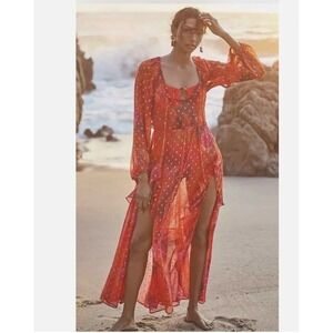 Anthropologie Red Floral Print Sheer Chiffon Maxi Dress with Gold Dots XS